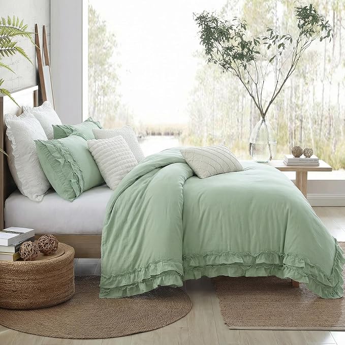 Bedorm Sage Green Ruffled Duvet Cover King Size Bedding Set Pleated Lace Ruffle Shabby Chic Bedroom Decor Extra Soft Cozy Farmhouse Country Style Duvet Cover Sets