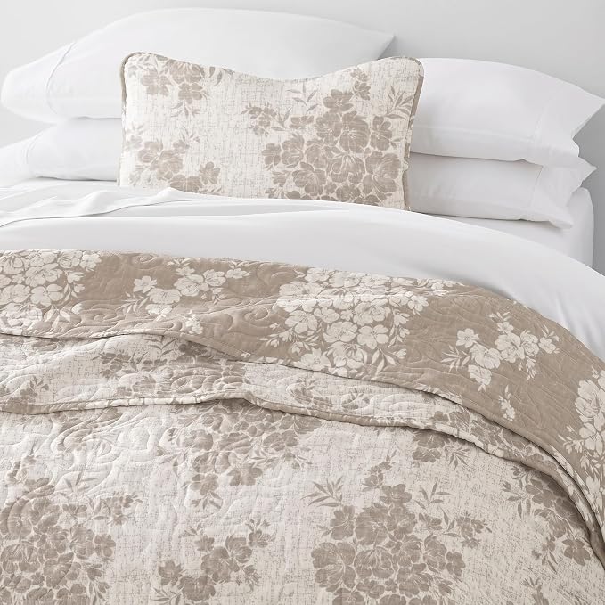 Merit Linens 3 Piece Quilt Set - Super Soft - Lightweight - All Season Quilted Coverlet - Timeless Patterns - Twin/TwinXL Taupe