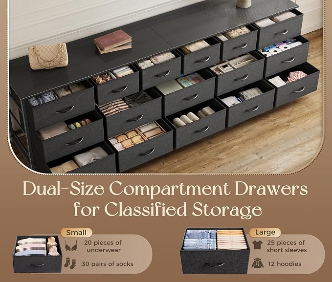 Huuger 77.6" Long Dresser for Bedroom, 16 Drawer Fabric Dresser for Closet, Wide Chest of Drawers with Storage, TV Stand for 65, 75, 85 Inch TV, 77.6" W x 13" D x 26.4" H, Black