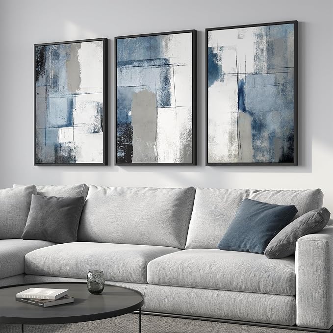 Large Framed Blue and Gray Abstract Wall Art for Living Room, 3 Piece 24x36 | Minimalist color block pictures, Canvas prints, Solid wood frame, Modern paintings, Wall decor for hallway office bedroom