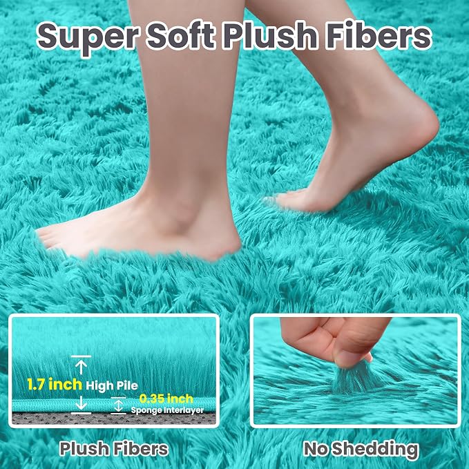 4x6 Fluffy Shag Area Rugs for Living Room Bedroom: Soft Carpet Teal Blue | Upgraded Non-Slip Thick Memory Foam, Ultra Soft, Non-Shedding Fuzzy Carpet, Easy Clean Decor for Kids Room, Nursery, Playroom