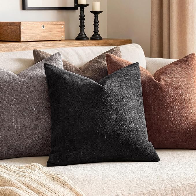 MIULEE Textured Chenille Throw Pillow Covers 18x18 Inch Black | Pack of 2 Decorative Soft Throw Pillows, Solid Textured Cushion Covers, Modern Home Decor for Couch Sofa Bedroom Living Room