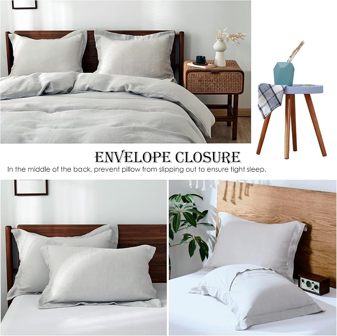 Simple&Opulence 100% Linen Duvet Cover Set 3pcs Basic Style Natural French Washed Flax Solid Color Soft Breathable Farmhouse Bedding with Button Closure - Light Grey, Queen