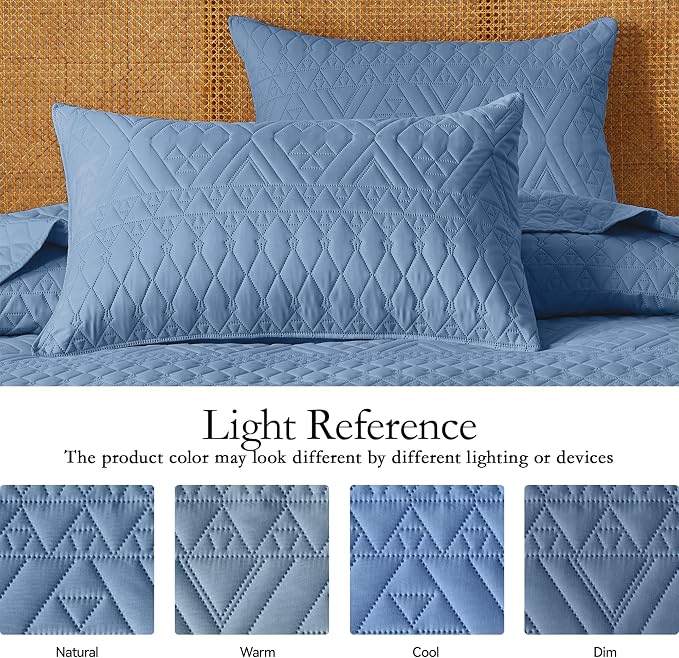 akkialla Full/Queen Quilt Set, Boho Style in a Solid Color, Bluish Grey Lightweight Microfiber Bedspread, Soft and Breathable Coverlet for All Seasons, 3-Piece Bedding Set (1 Quilt, 2 Pillow Shams)