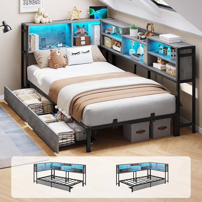 DICTAC Corner Twin Bed Frame with Bookcase Storage Headboard and Led Lights,Twin Size Metal Platform Corner Bed Frames with 2 Drawers and Charging Station,Twin Daybed for Kids and Teens,Oak Gray