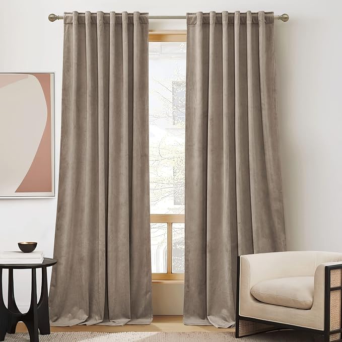 RYB HOME Velvet Curtains 102 inches Long, Extra Long High Ceiling Curtains | Thermal Insulated, Luxurious Home Decor, Curtains for Apartment Loft Large Windows, W52 x L102, Taupe, 2 Panels Set