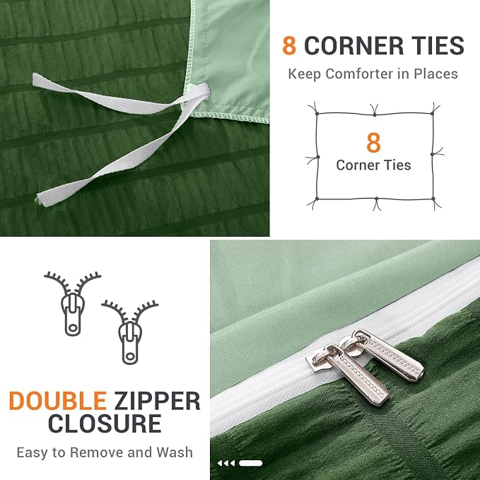 HYMOKEGE Dark Green/Sage Green Twin Size Duvet Cover, Ultra Soft 2-Piece Seersucker Duvet Cover Set with Zipper Closure, Soft Brushed Microfiber Bedding Set with 8 Corner Ties (68"x90", 1 Pillowshams)