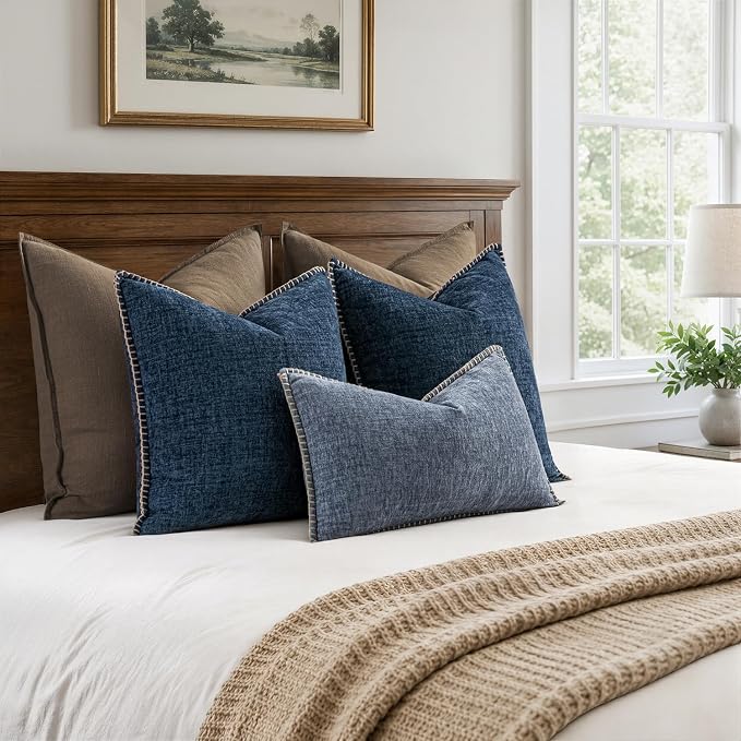 MIULEE Decorative Lumbar Throw Pillow Covers 12x20 in Dark Grey Blue 2 Pack | Farmhouse Pillow Covers with Stitched Edge, Soft Chenille Cushion Cases, for Couch Sofa Bed Living Room Home Decor