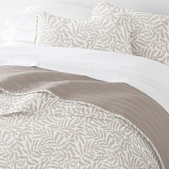 Merit Linens 3 Piece Quilt Set - Super Soft - Lightweight - All Season Quilted Coverlet - Floral Patterns - Full/Queen Taupe