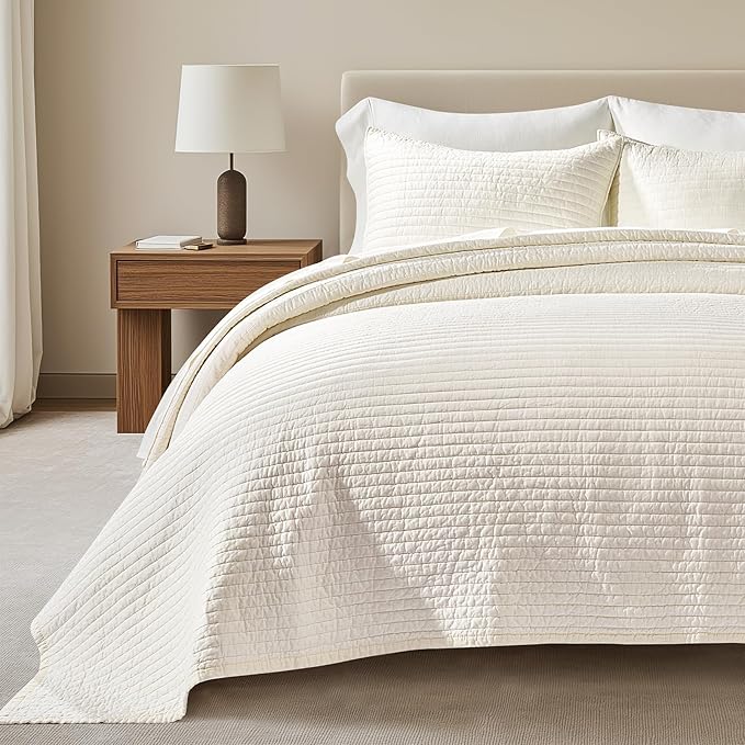 EVERGRACEHOME Cotton Sateen Quilt Set, King Size, Cream | 100% Cotton, Channel Stitch Coverlet Bedspread, Pre-Washed Lightweight Soft Bedding Set for All Season, 3 Piece, with 2 Shams