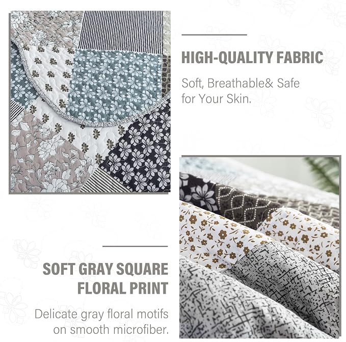 Quilt Set King Size, Bedspread Sets Light Grey Square, Reversible Quilt Bedding Set Lightweight and Breathable for All Seasons, Soft Quilted Bedspread with 2 Pillow Shams