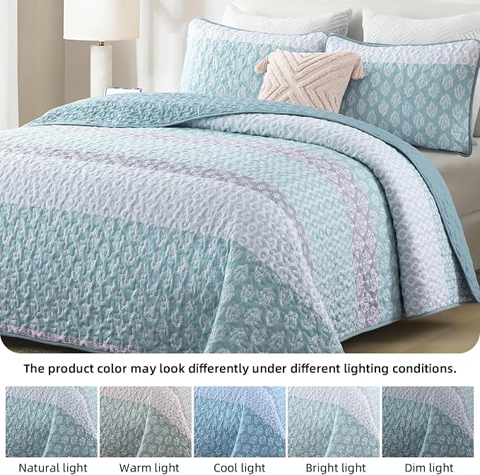 Cottolester Boho Quilt Queen Size,Teal Striped Bedspread Bedding Set | Soft Microfiber Coverlet,Breathable All-Season,Machine Washable,3-Piece Set,Fits Queen 96"x90",Cozy Essential for Men Women