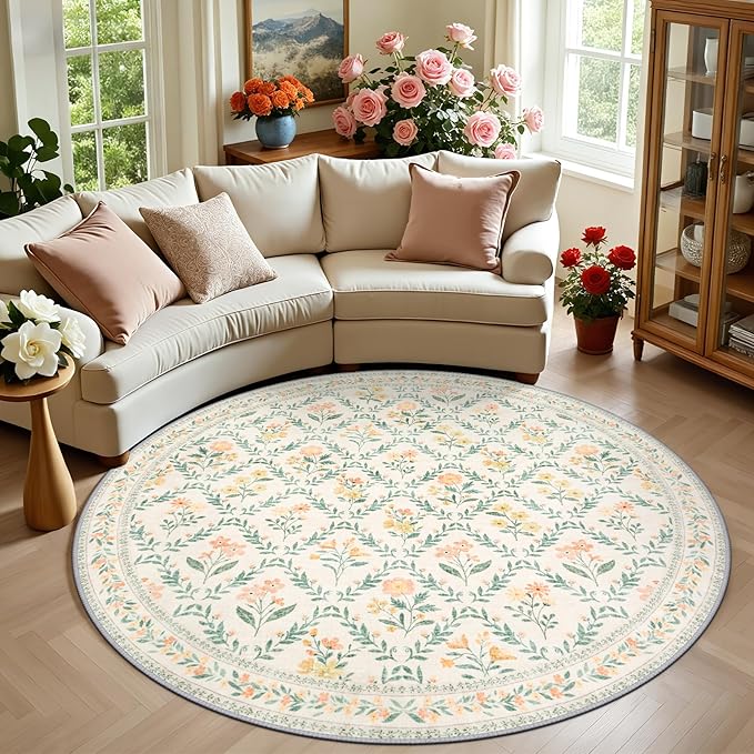 PLHXFR Round Area Rug Living Room: 6 ft Floral Washable Carpet Beige Multi | For Bedroom Dining Room Farmhouse Nursery Hallway,Vintage Floral,Machine washable,Non Slip,Stain Resistant,Large Indoor