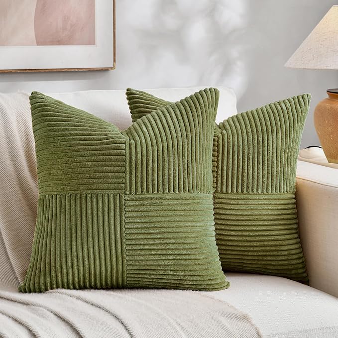 Fancy Homi 2 Packs Moss Green Decorative Throw Pillow Covers 20x20 Inch for Living Room Couch Bed Sofa, Farmhouse Boho Home Decor, Soft Corss Corduroy Patchwork Accent Square Cushion Case 50x50 cm