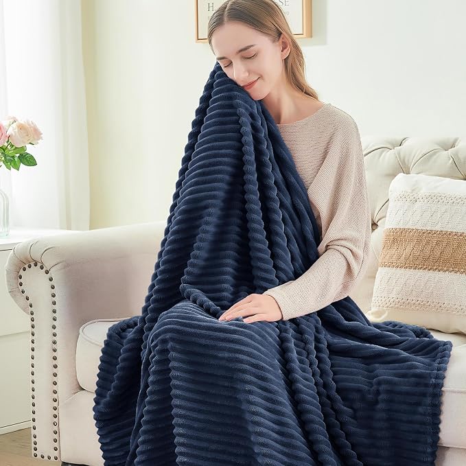 BEDELITE 3D Ribbed Navy Blue Fleece Throw Blanket for Couch, 50x60 Inch | Soft Warm Decorative Fluffy Blanket, Cozy Plush Lightweight Fuzzy Throw Blanket for Bed Sofa Home Room Decor, Gift for Women