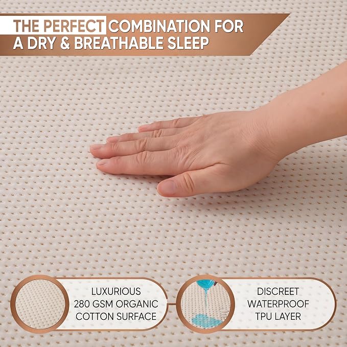 Deluxe Cooling Mattress Protector Queen - Waterproof - Crisp, Breathable Organic Cotton Surface with a Percale-Inspired Feel - 280GSM Air-Knit Mattress Pad - Noiseless Deep Pocket