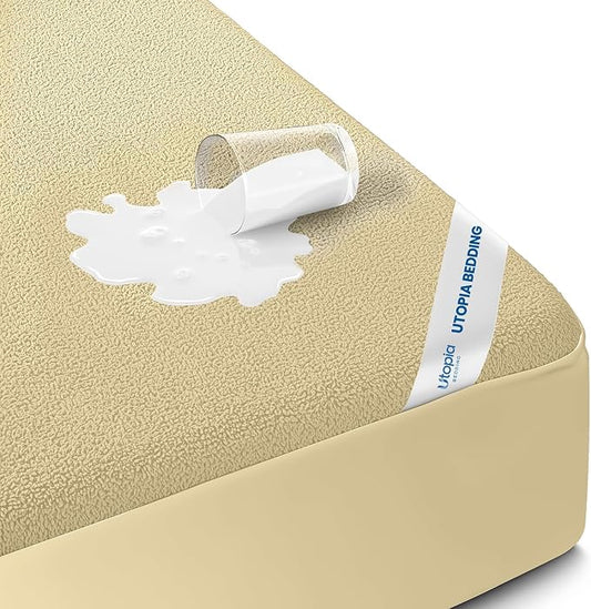 Waterproof Queen Size Mattress Protector fits Upto 17" deep Mattresses | Utopia Bedding 200 GSM Soft & Breathable Mattress Cover, Dirt-Proof, Noiseless, Machine Washable Fitted Sheet Style, Beige