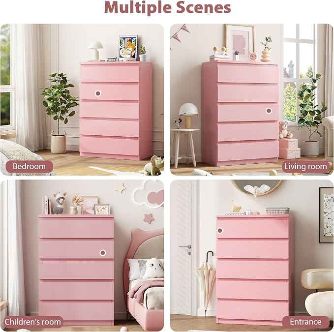 Jocoevol Pink 5 Drawer Dresser for Bedroom, 15" D x 23.7" W x 40.4" H in Simply Chest of Drawers, Wood Storage Dresser with Drawers for Living Room Hallway Entryway, Pink