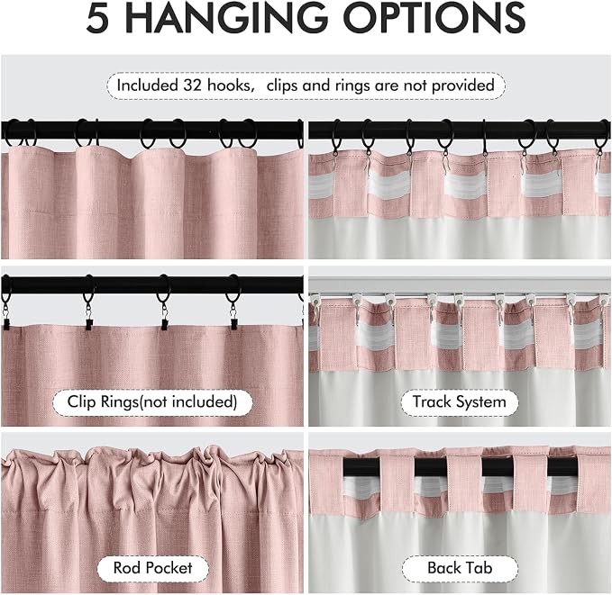 MIULEE 100% Blackout Back Tab Pleat Linen Curtains 50" Wx108 L,Light Pink | 2 Panels,Thick Faux Linen,Textured Drapes,with Hooks,for Bedroom Living Room,Black Out,Room Darkening