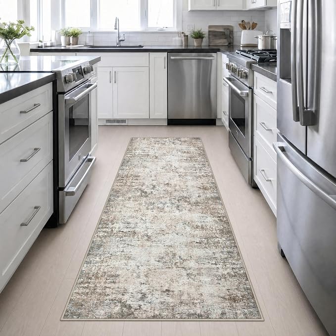 3x10 Washable Runner Rug：Modern Abstract Kitchen Soft Carpet Brown | For Hallway, Bedroom, Kitchen, Laundry, Bathroom,Door Mat,Modern Abstract,Machine washable,Non-Slip,Stain Resistant,Indoor