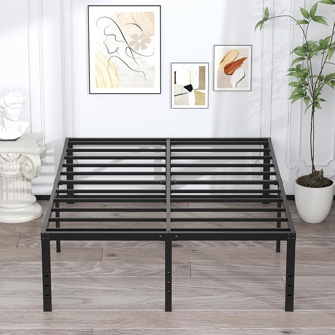 EMODA 20 Inch Queen Bed Frame No Box Spring Needed | Heavy Duty Metal Tall Platform Bed Frame Queen Size with Large Storage Space, Easy Assembly, Black