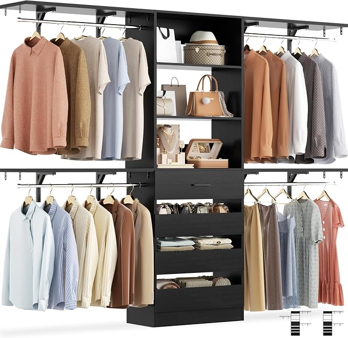 Aheaplus Closet System with 4 Drawers, 8FT Wood Closet Organizer System | 96" Closets Built In System Tower with Shelves & 4 Rods, Walk-in Closets Wardrobe Clothes Rack, Fits Spaces 4-9 ft, Black