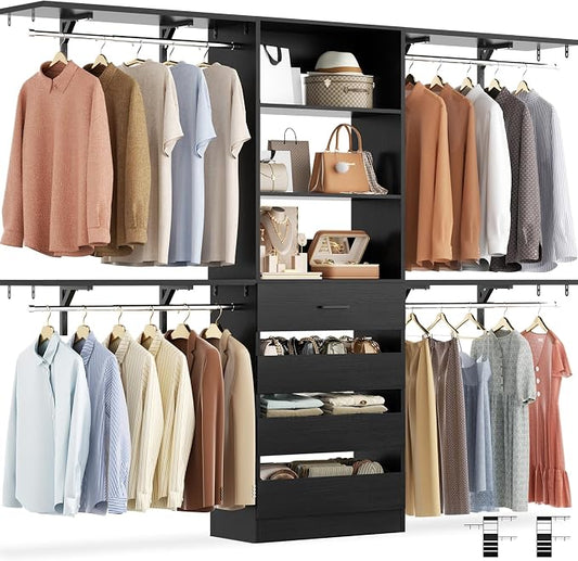 Aheaplus Closet System with 4 Drawers, 8FT Wood Closet Organizer System | 96" Closets Built In System Tower with Shelves & 4 Rods, Walk-in Closets Wardrobe Clothes Rack, Fits Spaces 4-9 ft, Black