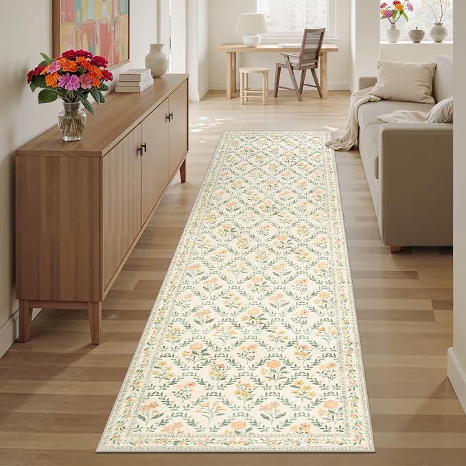 PLHXFR 2.6x10 Washable Runner Rug：Floral Indoor Kitchen Carpet Beige Multi | For Hallway Bedroom Kitchen Laundry Bathroom Dorm,Vintage Floral,Machine washable,Non Slip,Stain Resistant,Indoor Floor