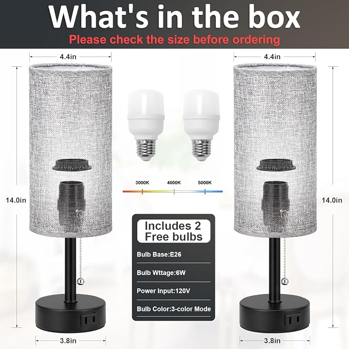 Grey Bedside Table Lamps Set of 2 - Bedroom Lamp for Desk, AC Outlet | 3CCT(3000K/4000K/5000K), LED Bulbs Included, Grey Fabric Lampshade, 14in Small Lamp for Nightstand, Guest Room, Living Room