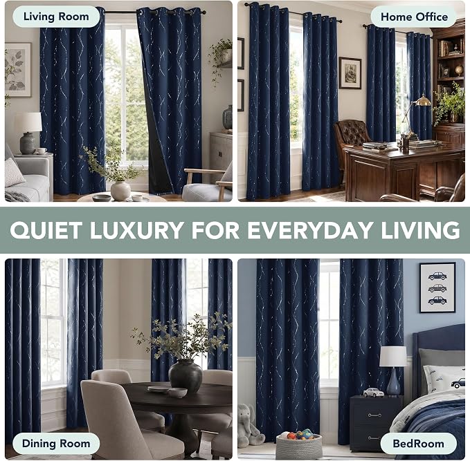 Deconovo 100% Blackout Living Room Curtains 95 Inches Long, Black Backing | Silver Line Foil Pattern Drapes, Thermal Insulated, Room Darkening, Grommet, 2 Panels Set, Navy Blue, 52 x 95 Inch
