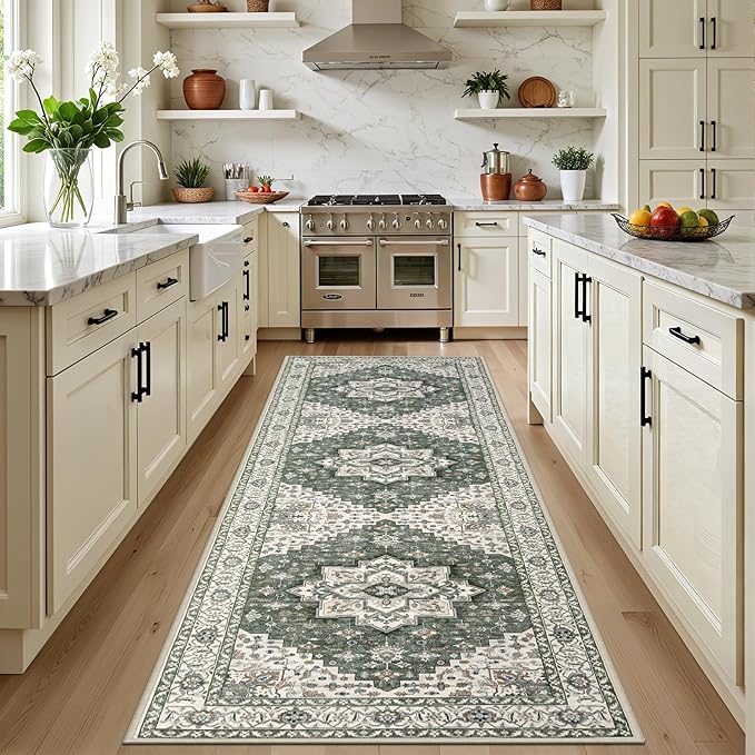Hallway Runner Rug: 2.6x8 Kitchen Rugs for Living Room Green Ivory | Runner Rug Hallway Washable Rug No Slip Soft Bedroom Rug Indoor Floor Stain Resistant Carpets for Entryway, Laundry, Bathroom