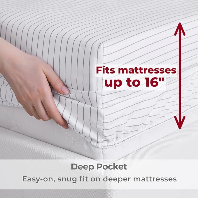 Mellanni Iconic 4-Piece, Ultra Soft Sheet Set (Queen, Pinstripe Gray) | 10M+ Sleepers. Lab-tested: Sleeps Cool, Stays Bright, Strong, Smooth. Good Housekeeping Best Bedding, 7 yrs running.