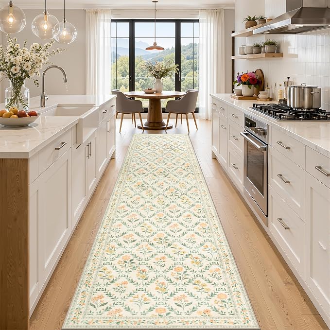 PLHXFR 2.6x14 Washable Runner Rug：Floral Indoor Kitchen Carpet Beige Multi | For Hallway Bedroom Kitchen Laundry Bathroom Dorm,Vintage Floral,Machine washable,Non Slip,Stain Resistant,Indoor Floor
