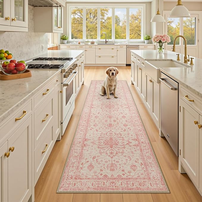 RELEANY Washable Area Rug, Runner 2'x8', Pink/Light Vintage Pink | Non-Slip, Water Repellent, Pet Friendly, Easy to Clean, Vintage Floral Boho Decor for Kitchen Hallway Bedroom Laundry