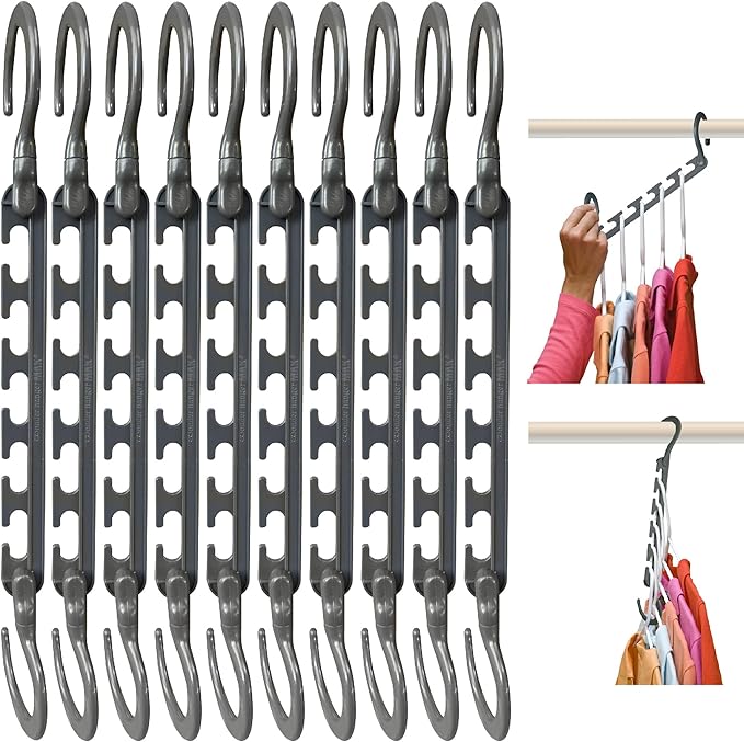 Wonder Hanger Max Space Saving Closet Hangers, 10-Pack, 360° Swivel, Grey | Cascading closet hangers organize shirts, pants and accessories vertically to save space; foldable 360° swivel design