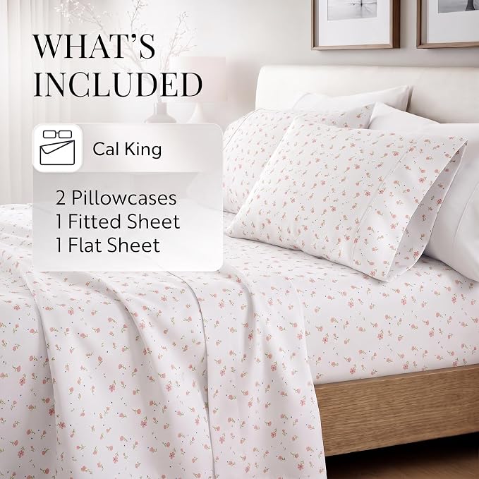 Linen Market Double-Brushed Patterned Microfiber California King Sheet Set 4 Piece – Oeko-TEX Certified Ultra Soft & Wrinkle-Free - 16" Deep Pocket Sheets Easy Care Cal-King Size - Soft Floral Pink