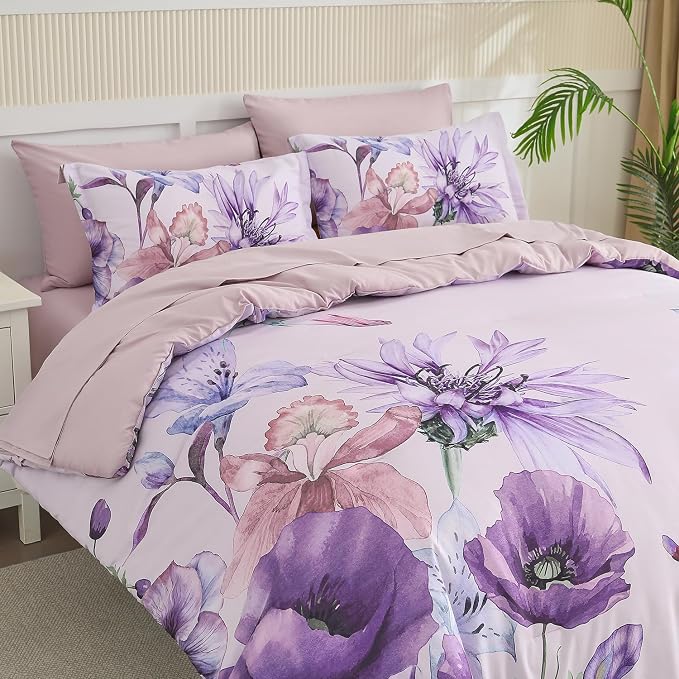 Yogeneg King Size Comforter Set 7 Piece Bed in a Bag,Elegant Floral Botanical Pattern Purple Bedding Set,Soft Microfiber Comforter with Sheet Set,All Season Bed Set(Purple Floral,King)
