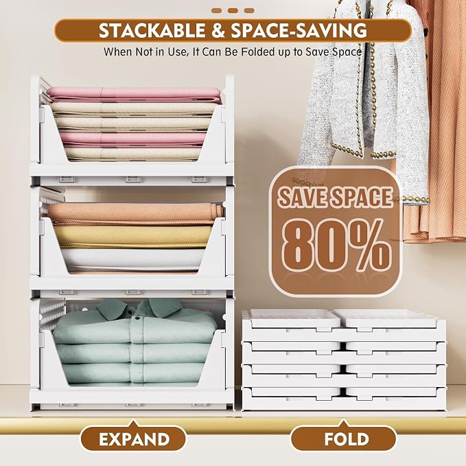 Upgraded Closet Organizers and Storage, Stackable Closet Organizer Basket | 5 Pack Foldable Closet Storage Bins for Bathroom Laundry Room Wardrobe Storage, Space-Saving Clothes Drawer Organizer