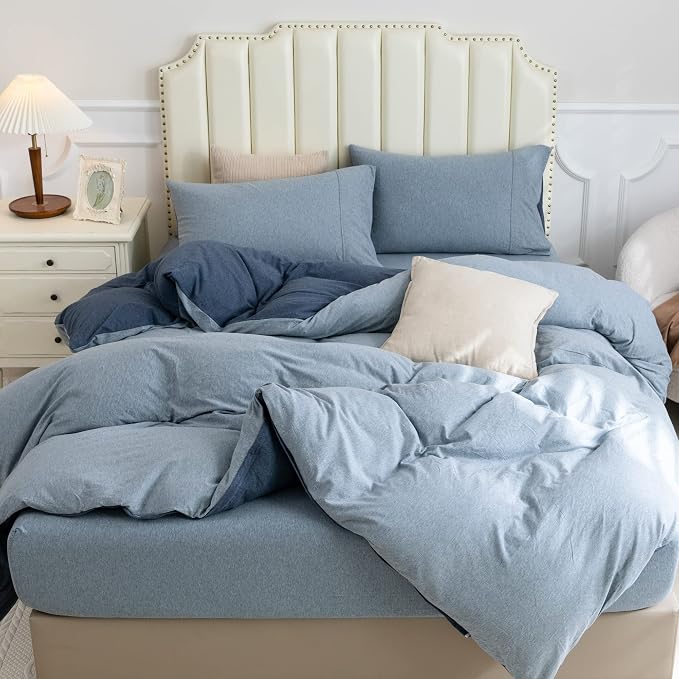 PURE ERA Jersey Knit Duvet Cover Set 100% T-Shirt Cotton Super Soft Comfy 3pc Bedding Set with Zipper Closure (Solid Navy/Blueish Grey, King) | 100% Cotton, 3 Piece Set, T Shirt Soft, Breathable, Envelope Closure Pillowcases, Hidden Zipper, 8 Ties, No ...