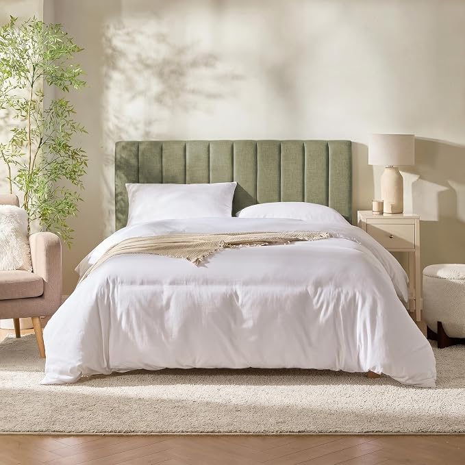 Hearth & Harbor Wall Mounted Queen Headboard Only, Bed Headboard Queen Size | Easy Assemble, Floating Peel & Stick, Upholstered Channel Stitched, 3D Wall Panels, 5 Strips of 3M Tape Included, Olive Green
