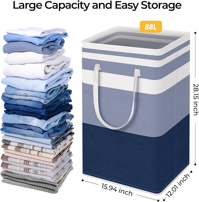 HomeHacks 2 Pack Large Laundry Baskets, Laundry Hampers Bags (Blue 88Lx2) | Waterproof, Freestanding, Collapsible Clothes Hamper with Reinforced Handles in Laundry Room, Dorm, Bathroom, Bedroom