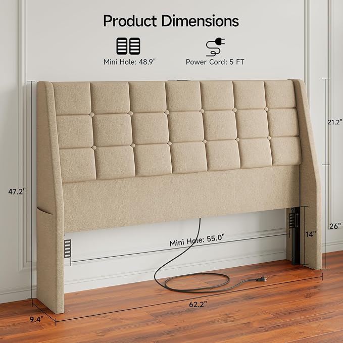 Queen Size Headboard with Charging Station, Wingback Ergonomic Headboards | Wingback Upholstered Bed Head Board with Storage Pocket, Sturdy Stable Solid Wood Headboard, Bed Frame Adapters, Beige