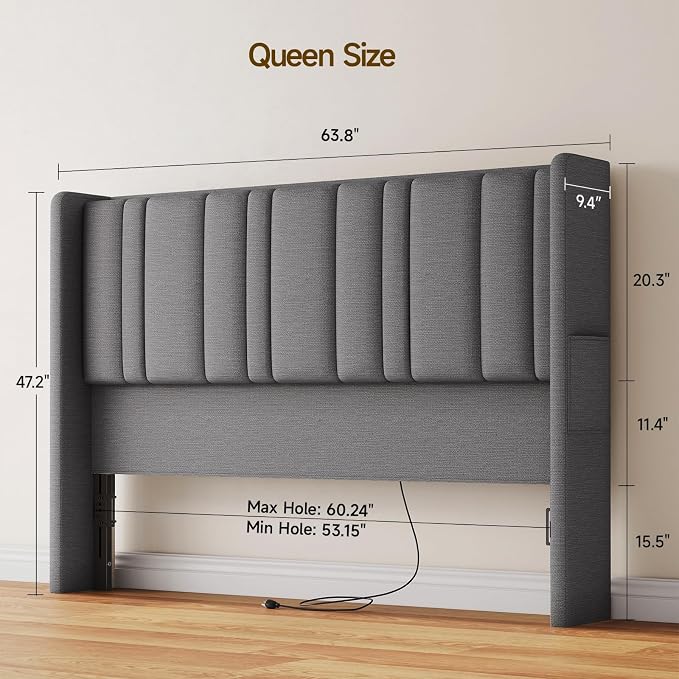 ONBRILL Queen Size Headboard with Storage, LED Light, Grey | Linen Vertical Wingback Headboard w/ Charging Station, Upholstered Head Board w/ High-Density Foam Padding, 2 Storage Pockets