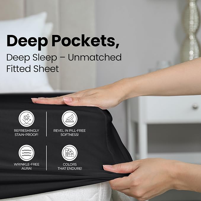 King Fitted Sheet, Ultra Soft Fits Up to 16 Inch Deep Pocket, Black | Hotel Comfort, Cooling & Breathable Cotton like Polyester, Easy Fit, Wrinkle & Fade Resistant, Snug Fit, Easy Care, Oeko-Tex