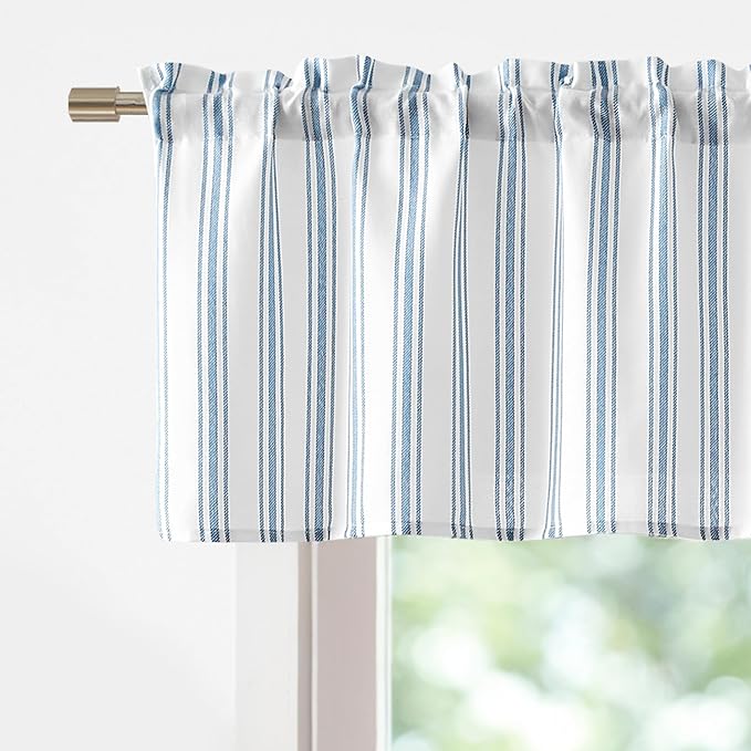 ZJDECOR Blue White Striped Semi Sheer Kitchen Curtain Valances,55" Wx15 Lx1 | Stripe Pattern Valance Cafe Curtains,Light Filtering,Rod Pocket,Modern,78% Polyester、22%Cotton,Small Window Treatment