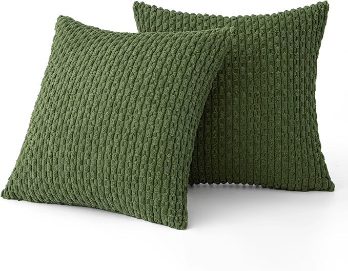 MIULEE Decorative Throw Pillow Covers 16x16 Moss Green Textured Corduroy | Pack of 2 Striped Pillow Covers Modern Farmhouse Home Decor for Couch Bed Sofa Living Room