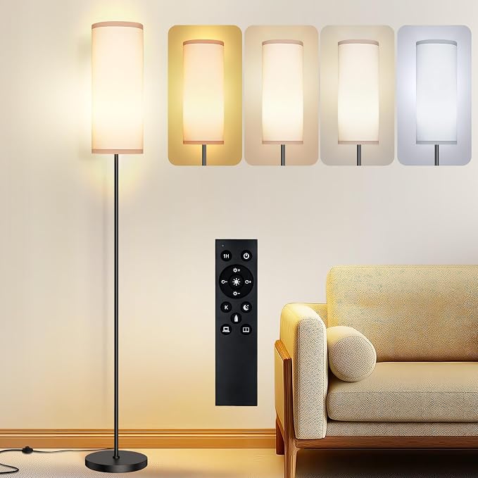 PARTPHONER Modern Floor Lamp with Remote Control - Stepless Dimmable LED Bulb, Adjustable Color Temperature & Brightness, Minimalist Tall Lamp for Living Room, Bedroom, Office, White