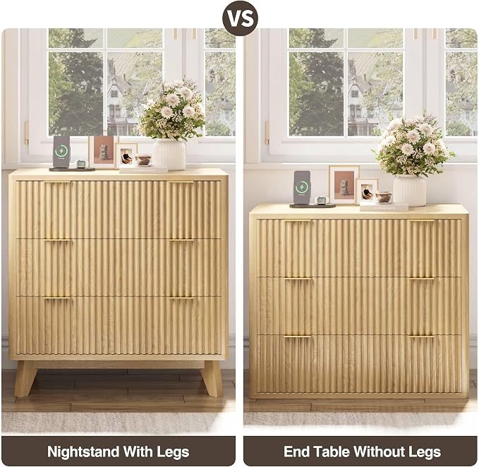 Fluest 32” Tall Nightstands with Fast Charging Station, 32” Wide Fluted Night Stand with 3 Large Drawers, Modern End Table Beside Table for Bedroom, Curved Profile Design, Natural