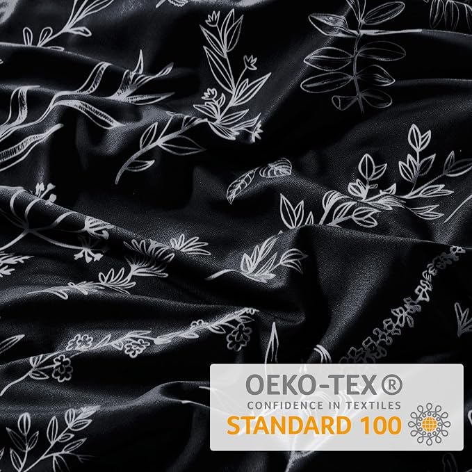 MUXHOMO Duvet Cover Full Size, Reversible Floral Black Duvet Cover Set with Zipper Closure, 3 Pieces Botanical Patterns Soft Microfiber Bedding Set with 4 Ties (80"x90", 2 Pillow Cases)