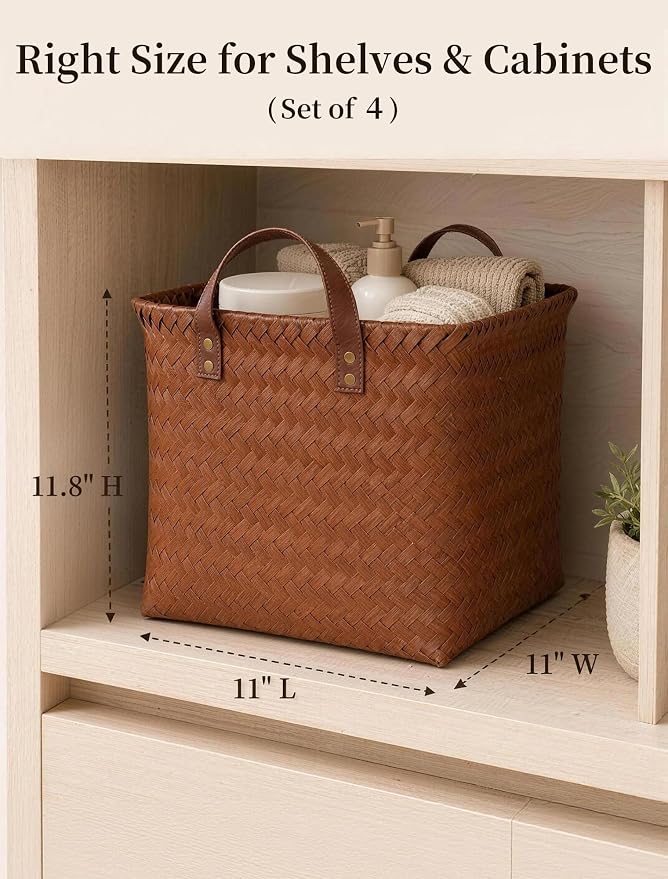 Wicker Storage Baskets, 4 Pack Woven Baskets for Shelves, Brown | PP Rattan, Water-resistant Wicker Basket, Large Baskets with Faux Leather Handles for Blanket, Laundry Organizer, Room Decor